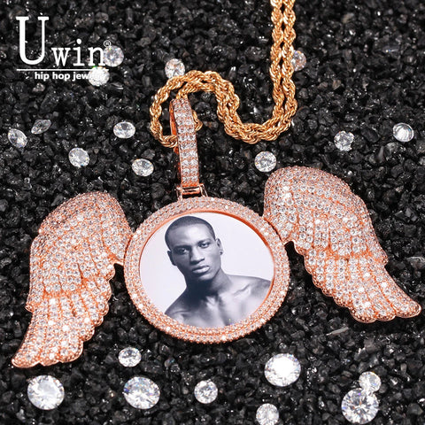 Custom Photo Necklace with Angel Wings Men Charm Micro Pave Cubic Zirconia Iced Out Jewelry for Gift Tennis Chain