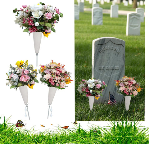 3 Sturdy Cemetery Flower Planter Vase Memorial Flower Holder Ground Vase Long Stake Grave Sites with Hard Spikes for Garden and Lawn (7 Inch White A)