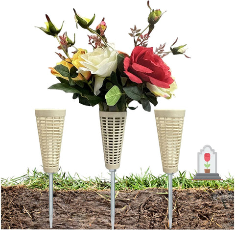 3 Sturdy Cemetery Flower Planter Vase Memorial Flower Holder Ground Vase Long Stake Grave Sites with Hard Spikes for Garden and Lawn (7 Inch White A)