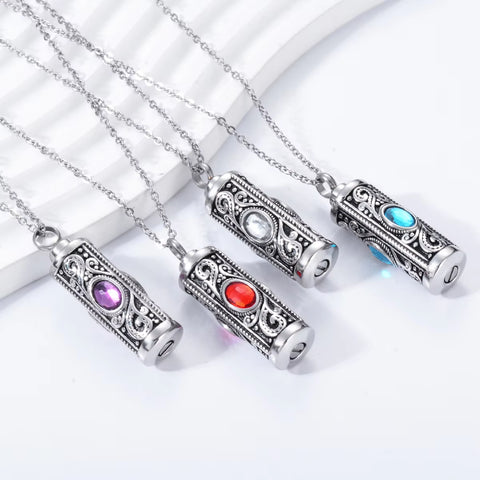 Crystal Stainless Steel Cylinder Cremation Urn Ashes Pendant Necklace Birthstone Memorial Jewelry for Human Dropshipping