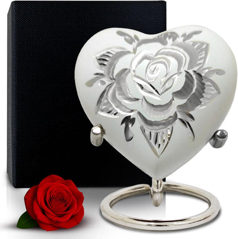 Mini Urns for Human Ashes - Heart Urn for Ashes - Funeral Rose Engraved Small Urns for Your Loved Ones - Handcrafted Keepsake Urn for Baby Girl & Boy (White, Small)