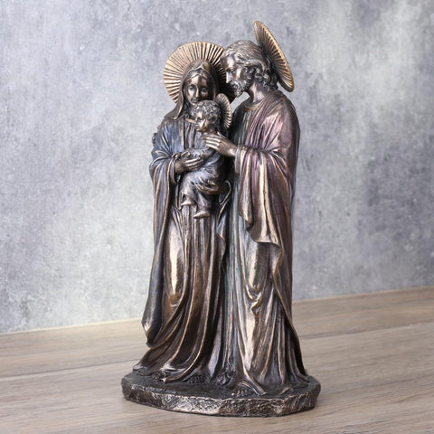 8 5/8 Inch Holy Family Joseph Mary Holding Young Jesus Cold Cast Resin Antique Bronze Finish Sculpture