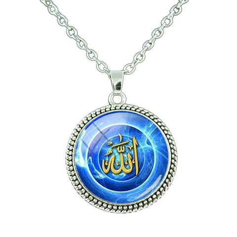 Vintage Islamic Muslim Allah Necklace Glass Cabochon Art Photo Pendant Religious Jewelry Man Women Gift NT414