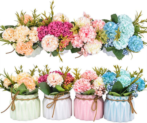 Artificial Flower Plants – Mini Fake Hydrangea Flowers in Pot for Home Decor Party Wedding Office Patio Table Desk Decoration, Set of 4, 3.3''(D) X 5.5''(H)