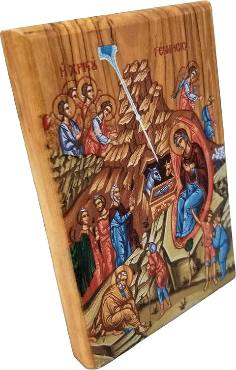 Holy Land Olive Wood Full Color Icon from Israel, Nativity of Jesus, Handmade Wooden Standing Icon Plaque