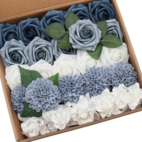 Artificial Flowers Combo Delicate Elegant Dusty Blue Mixed Flowers with Stem for DIY Wedding Bouquets Centerpieces Baby Shower Party Home Decorations