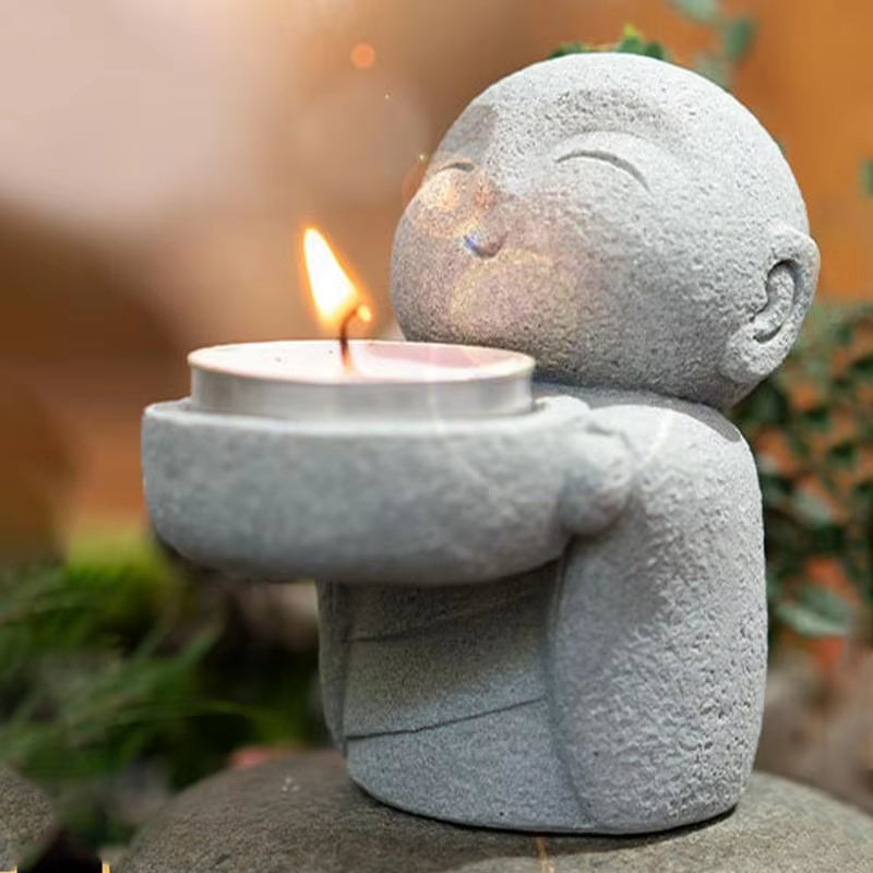 Minimalist Buddha Statue Candlestick Cute Little Monk Resin Buddha Figurine Decorative Collection Tea Light Holder