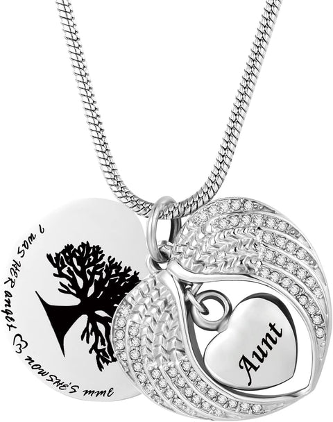 Tree of Life Urn Necklace -Angel Wing Diamond Cremation Jewelry Keepsake Memorial Pendant