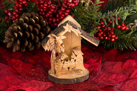 Holy Land Olive Wood Nativity Scene, 3D Christmas Grotto Ornament - Value Pack of All 3 Ornaments - Small, Medium, and Large