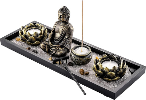 Zen Garden Set Buddha Statue 2 Lotus Tealight Candle Holders, Mallet & Rocks and Crystals & Incense Burner Stick Holder Bowl & Wood Tray for Yoga Meditaion Home Table Decor Gift