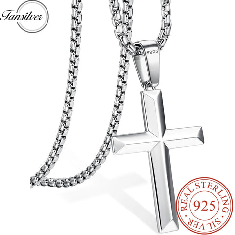 925 Sterling Silver Cross Necklace for Women Men Stainless Steel Chains Beveled Edge Cross Pendant Necklace Jewelry - Memorialine