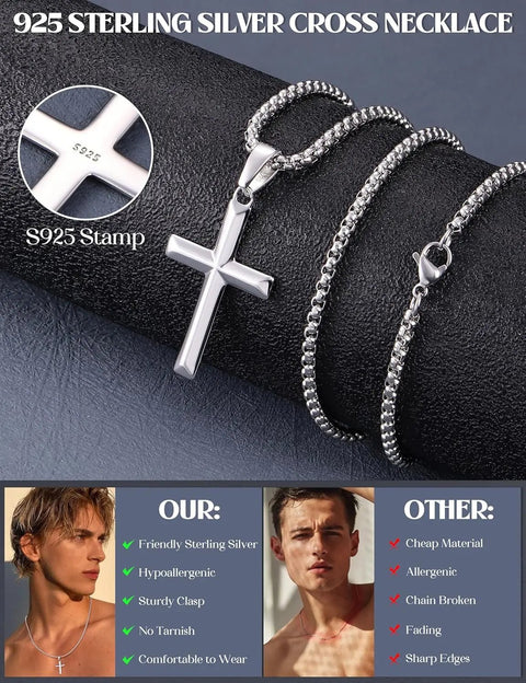 925 Sterling Silver Cross Necklace for Women Men Stainless Steel Chains Beveled Edge Cross Pendant Necklace Jewelry - Memorialine