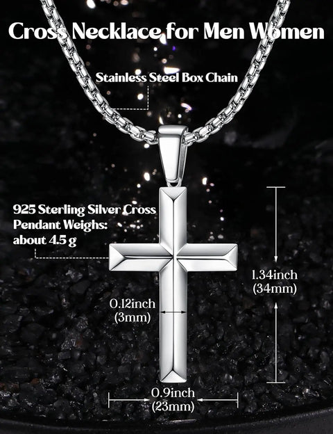 925 Sterling Silver Cross Necklace for Women Men Stainless Steel Chains Beveled Edge Cross Pendant Necklace Jewelry - Memorialine