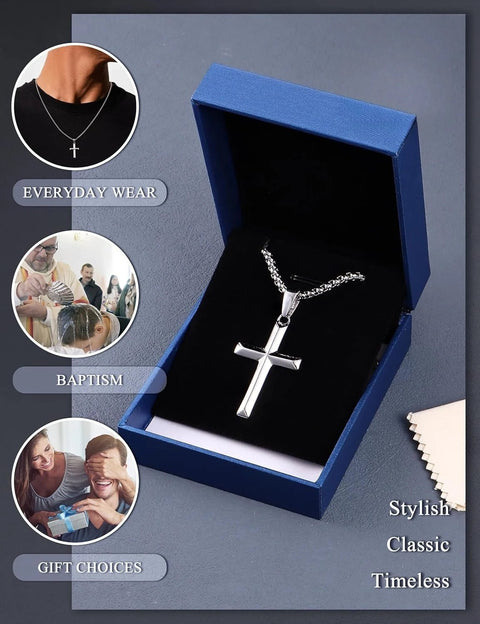 925 Sterling Silver Cross Necklace for Women Men Stainless Steel Chains Beveled Edge Cross Pendant Necklace Jewelry - Memorialine