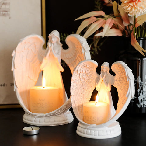 Resin Prayer Angel Candle Holder Statue Battery Powered Decorative Angel Figurines Atmosphere Prop for Wedding Party Decor