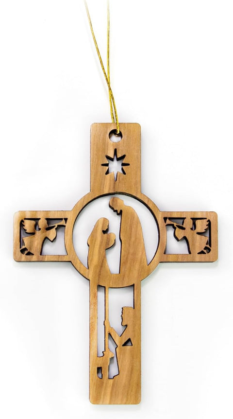 Olive Wood Ornaments from the Holy Land - 2D Cross Wooden Nativity Ornament, Shepherds & Angels - 2.5”X3.5” Christian Christmas Ornaments for Tree Decorations & Seasonal Decor