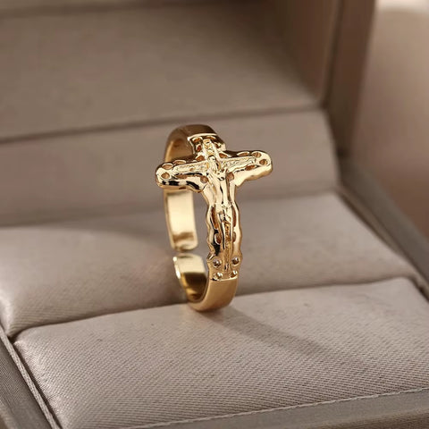 Vintage Jesus Cross Rings for Women Men Gold Color Stainless Steel Jesus Cross Adjustable Ring Religious Party Jewelry Gift