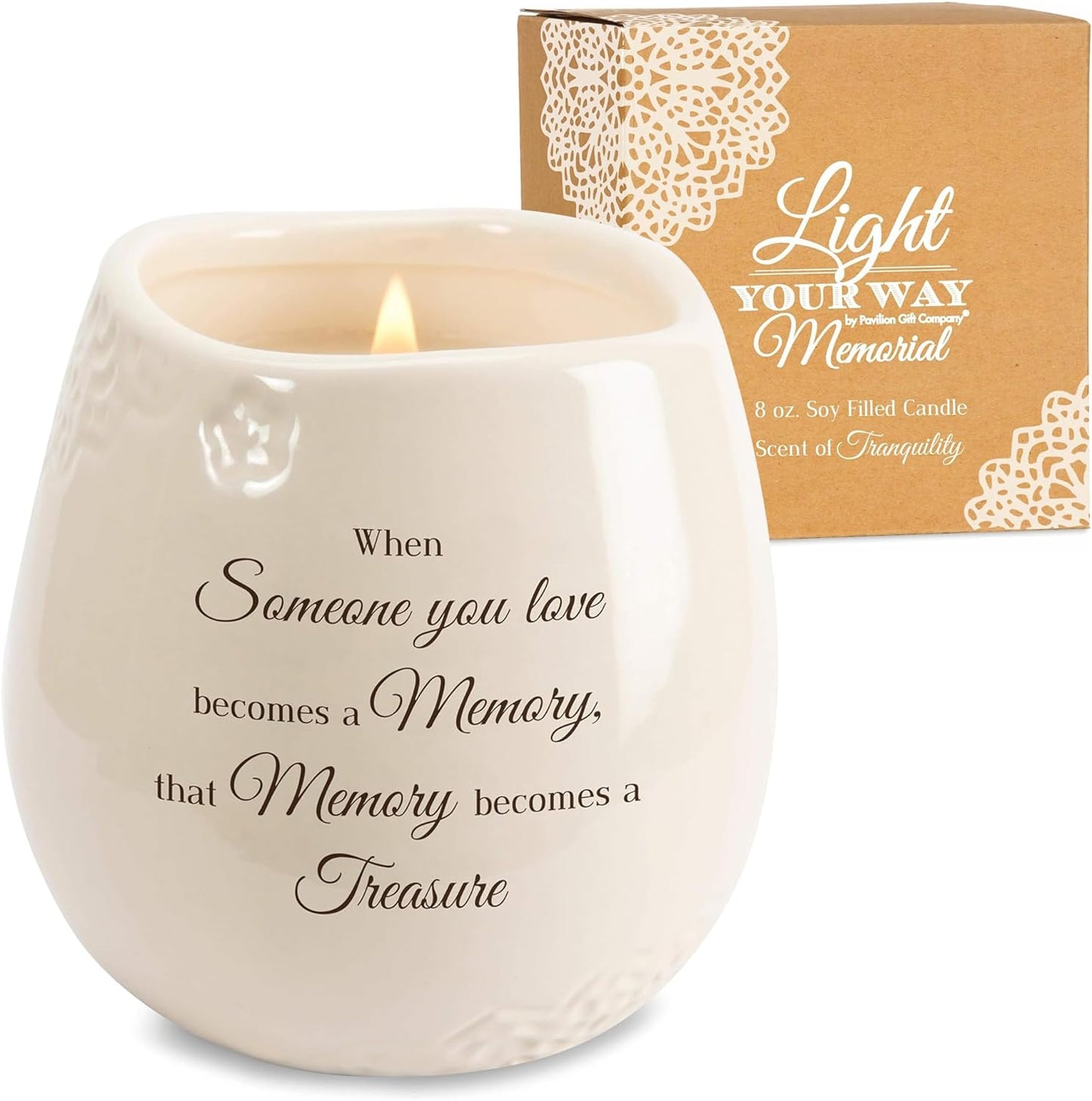 Pavilion - 8 Oz Candle Holder - Cream Beige Ceramic Candle Vessel with 100% Soy Wax, Tranquility Scent When Someone You Love Becomes a Memory Remembrance Gift - Printed Text, Love Theme, round Shape