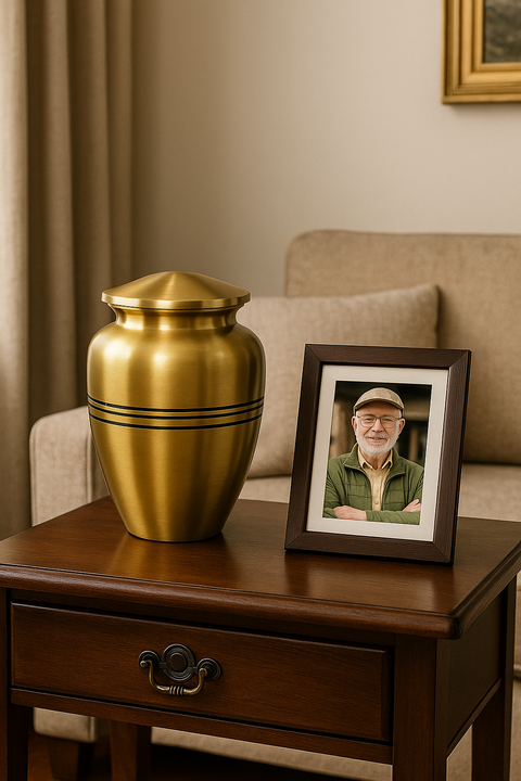 Classic Gold Brass Cremation Urn with Black Accent Rings