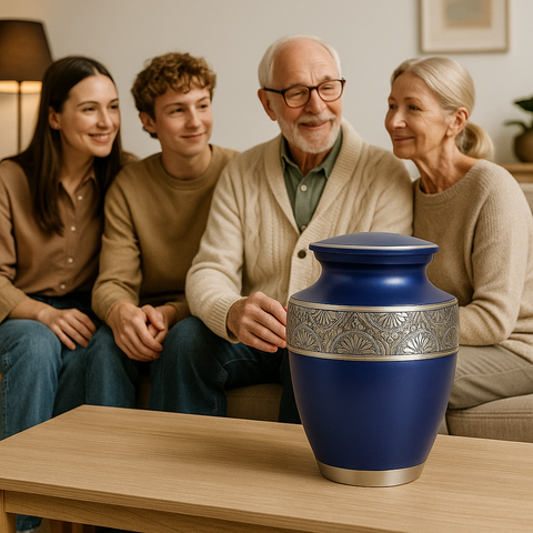 Regal Blue Brass Urn with Hand-Engraved Silver Band – A Lasting Tribute of Love and Dignity