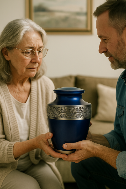 Regal Blue Brass Urn with Hand-Engraved Silver Band – A Lasting Tribute of Love and Dignity