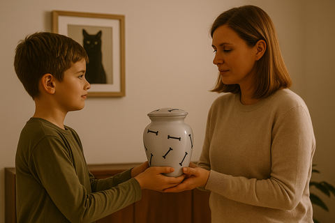 White Dog Bone Cremation Urn with Velvet Bag