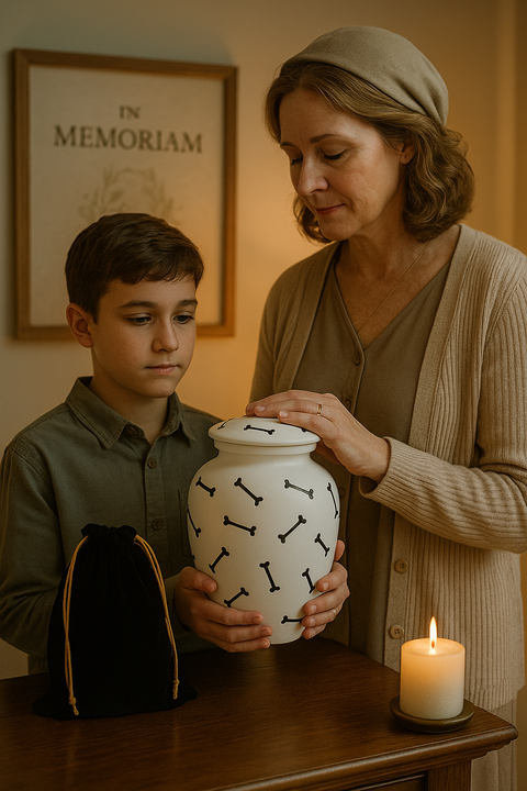 White Dog Bone Cremation Urn with Velvet Bag