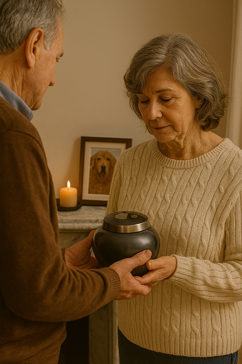 Elegant Black Round Pet Cremation Urn with Silver Paw Prints and Velvet Bag