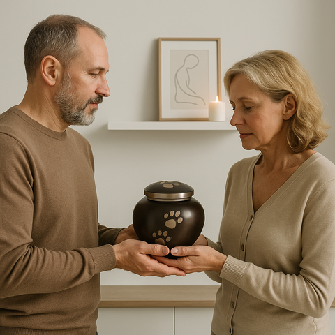 Elegant Black Round Pet Cremation Urn with Silver Paw Prints and Velvet Bag