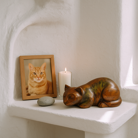 Handcrafted Cat-Shaped Pet Urn with Velvet Storage Bag