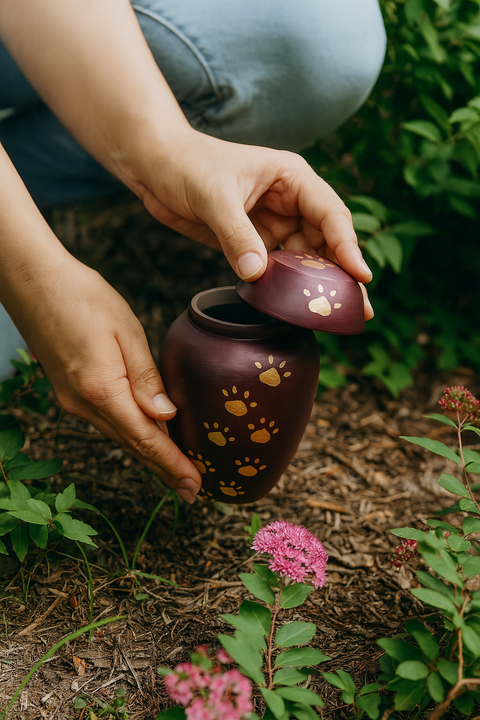 Biodegradable Pet Urn – Purple with Gold Paw Prints