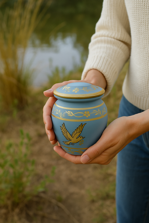 Biodegradable Memorial Urn – Sky Blue with Peace Dove