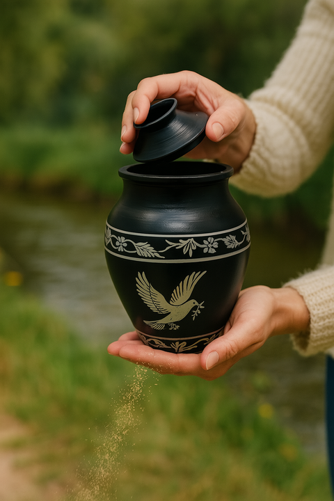 Biodegradable Memorial Urn – Black with Silver Dove & Floral Motif