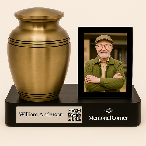 Classic Gold Brass Cremation Urn with Black Accent Rings
