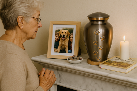 Brushed Bronze Pet Cremation Urn with Golden Paw Prints