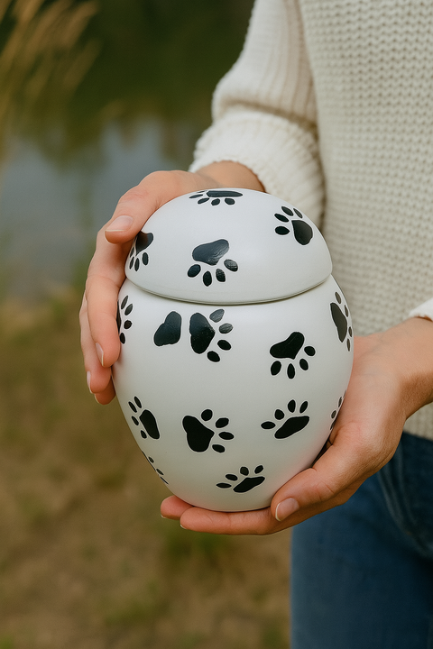 Biodegradable Pet Urn – Purple with Gold Paw Prints