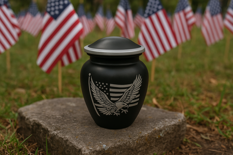 Biodegradable Memorial Urn – Black with Eagle & American Flag