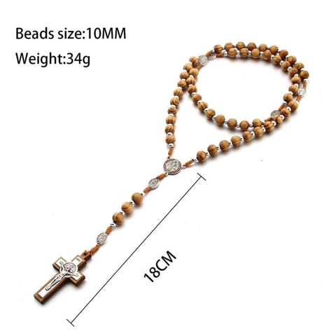 10Mm Wooden Beads Catholic Rosary Necklace Christian Religious Jesus Pendant Praying Jewelry for Men Women Gift B03E