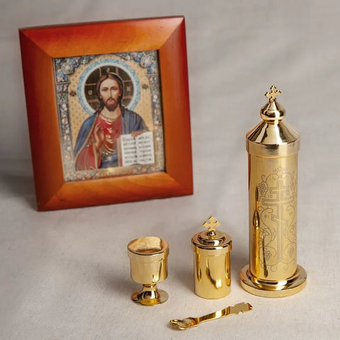 Church Supplies Orthodox Accessories Religious Gold Plated Holy Water Set Дароносица С Потиром, Сосудом И Лжицей