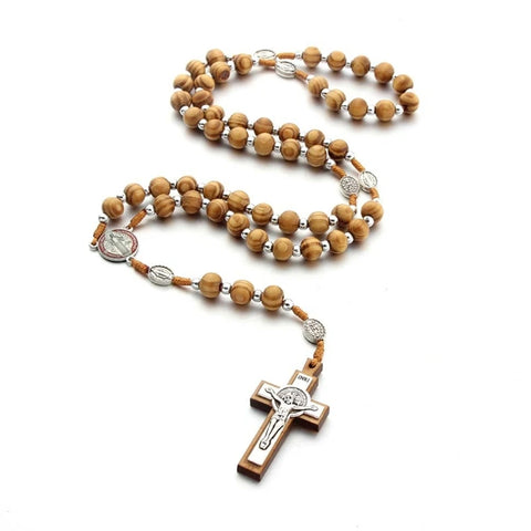 10Mm Wooden Beads Catholic Rosary Necklace Christian Religious Jesus Pendant Praying Jewelry for Men Women Gift B03E