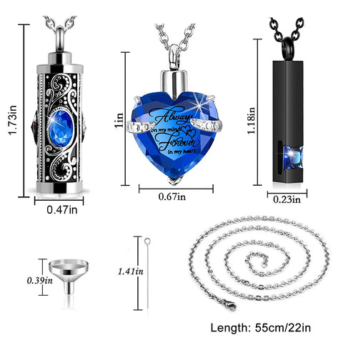 3 Pieces Pet Cremation Urn Necklace for Ashes Keepsake Cremation Jewelry Vertical Bar Zircon Crystal Men and Women Urn Necklace