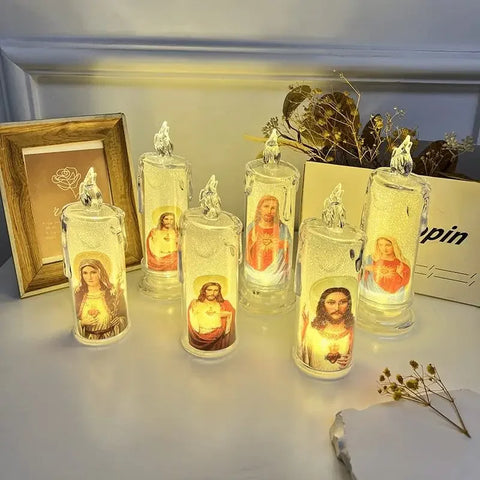 LED Prayer Flameless Candles Jesus Saints Religious Candles Decoration Christmas Easter Led Electronic Candle Light