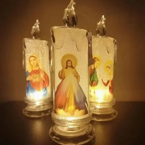 LED Prayer Flameless Candles Jesus Saints Religious Candles Decoration Christmas Easter Led Electronic Candle Light