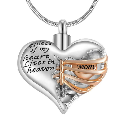 A Piece of My Heart Lives in Heaven Two Tone Locket Heart Cremation Memorial Ashes Urn Necklace Jewelry Keepsake Pendant - Memorialine