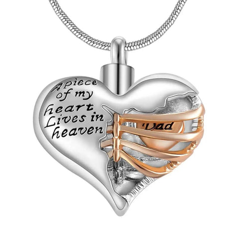A Piece of My Heart Lives in Heaven Two Tone Locket Heart Cremation Memorial Ashes Urn Necklace Jewelry Keepsake Pendant - Memorialine
