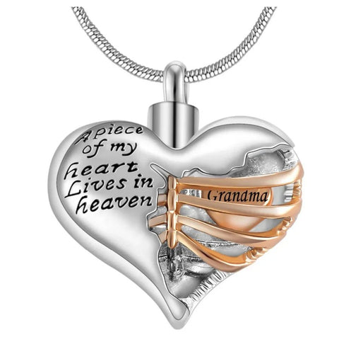A Piece of My Heart Lives in Heaven Two Tone Locket Heart Cremation Memorial Ashes Urn Necklace Jewelry Keepsake Pendant - Memorialine