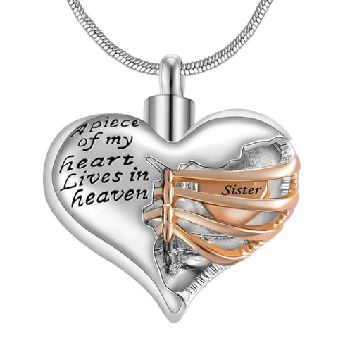 A Piece of My Heart Lives in Heaven Two Tone Locket Heart Cremation Memorial Ashes Urn Necklace Jewelry Keepsake Pendant - Memorialine