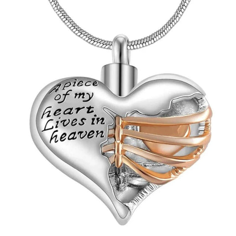 A Piece of My Heart Lives in Heaven Two Tone Locket Heart Cremation Memorial Ashes Urn Necklace Jewelry Keepsake Pendant - Memorialine