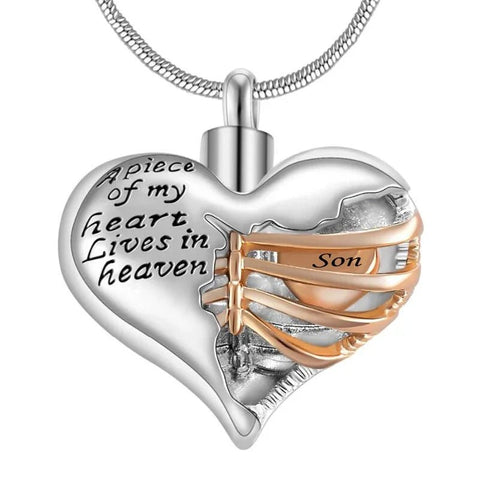 A Piece of My Heart Lives in Heaven Two Tone Locket Heart Cremation Memorial Ashes Urn Necklace Jewelry Keepsake Pendant - Memorialine