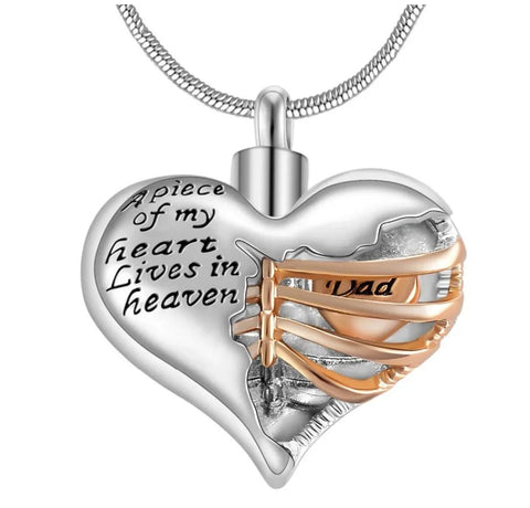 A Piece of My Heart Lives in Heaven Two Tone Locket Heart Cremation Memorial Ashes Urn Necklace Jewelry Keepsake Pendant - Memorialine